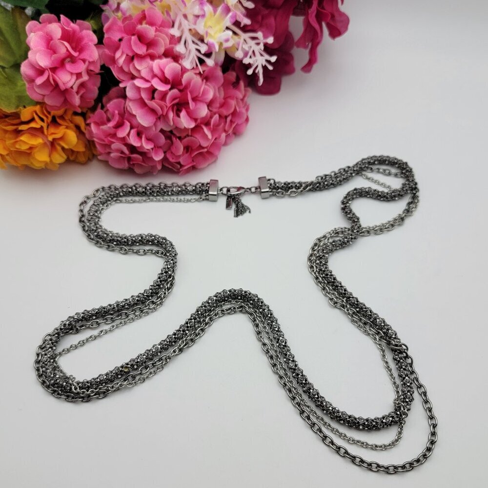 Gunmetal Tone Gray Crystal Multi Chain Necklace 32" Statement Layered 3-Strand